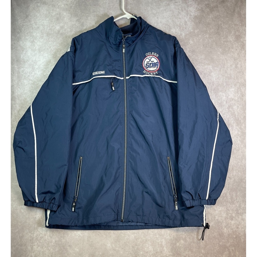 VINTAGE Oilers CCM Windbreaker Jacket Mens XL Blue Mesh Lined Hockey Full Zip